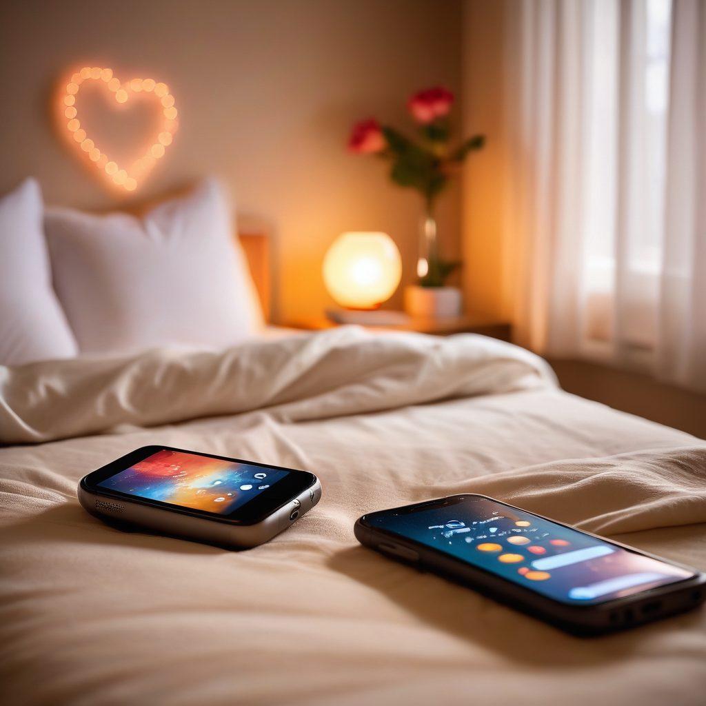 A romantic and intimate scene capturing two smartphones on a softly lit bedside table, with glowing screens displaying playful and flirtatious text messages. The background features a cozy bedroom with warm colors and soft pillows, evoking a sense of connection and intimacy. Include subtle heart symbols and emojis floating around the phones to enhance the theme of modern romantic communication. soft focus. warm tones. dreamy atmosphere.