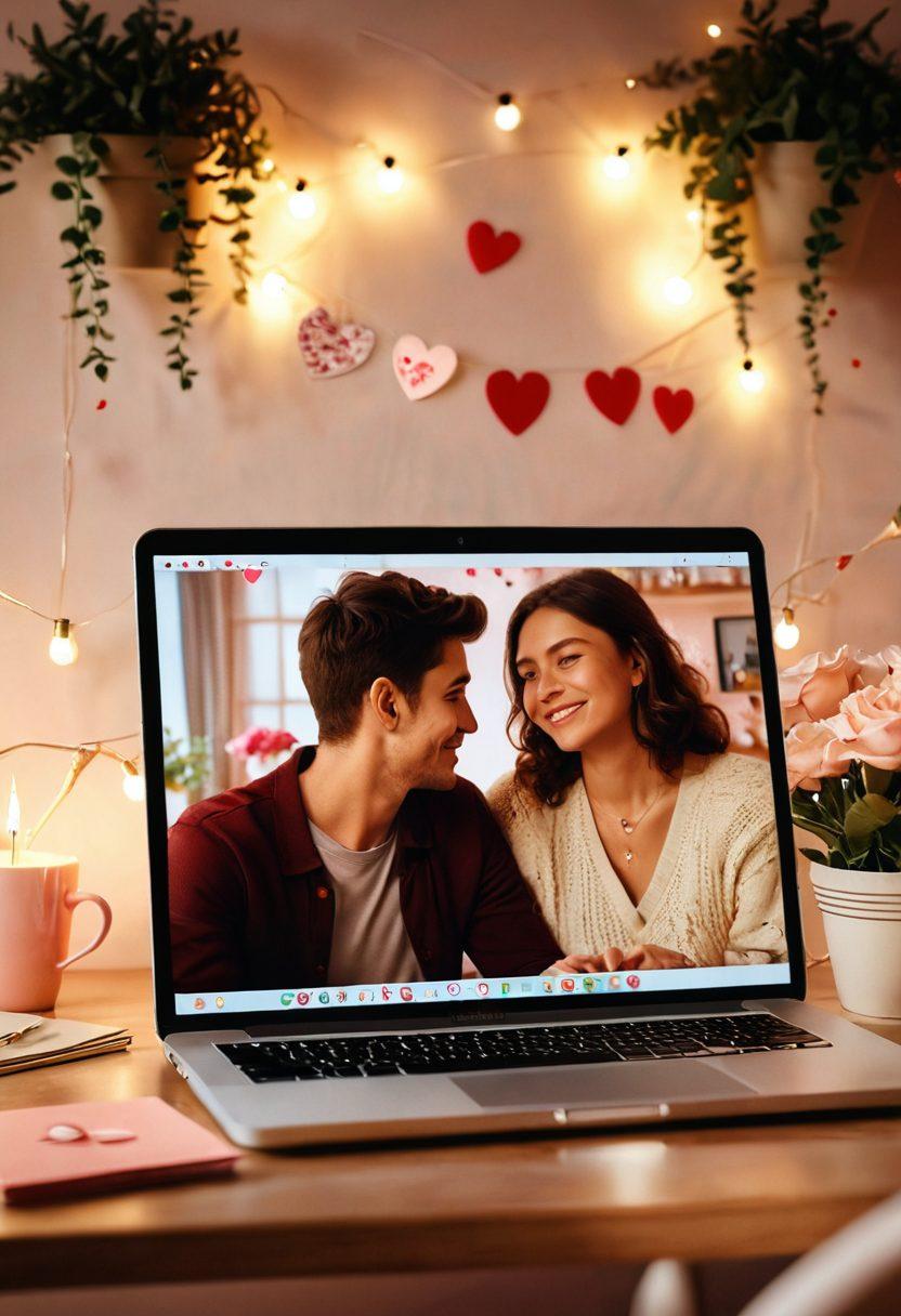 A cozy digital café setting with two people engaged in a video call, surrounded by warm lighting and romantic decorations like hearts and flowers on the wall. Include a laptop screen displaying a loving couple's faces and love notes scattered on the table. The atmosphere should feel inviting and intimate, conveying connectivity despite distance. soft-focus. warm colors. digital illustration.